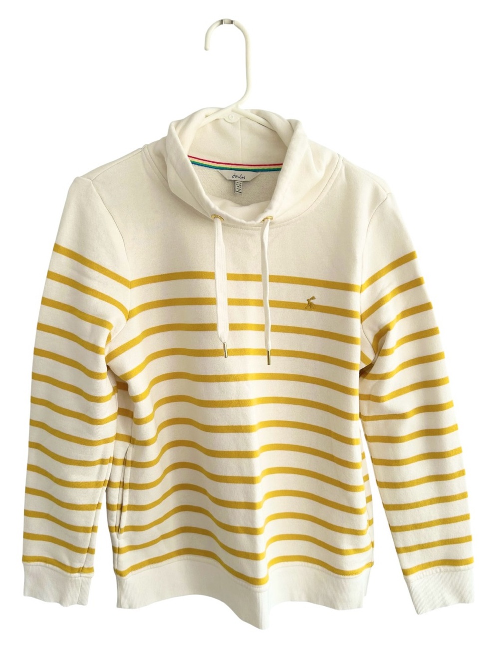 Joules White Gold Striped Funnel Neck Sweatshirt Pockets Embroidered Logo Size 6